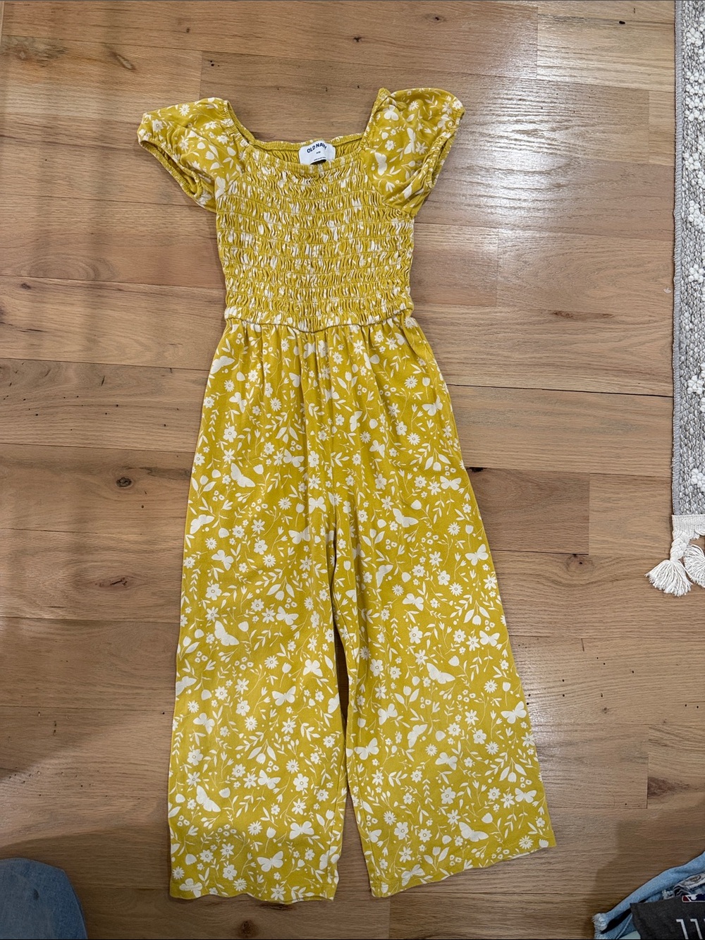 Yellow Floral Smocked Wide-Leg Jumpsuit